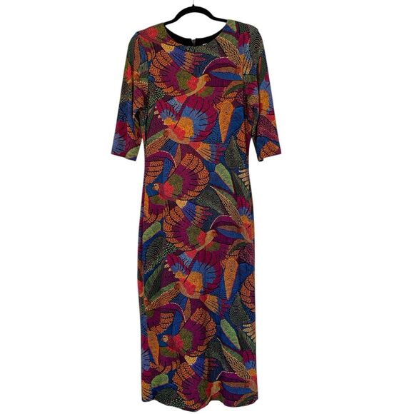 Farm Rio Dress Dotted Macaws Midi 3/4 Sleeve Fitted Jersey Tropical Vacation M - Picture 3 of 14